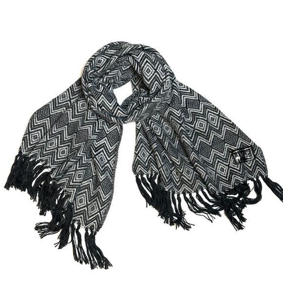 MyE Baby Alpaca Large Scarf Wrap Gray Charcoal Zigzags Fringes Men's Women's